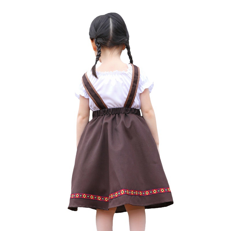 Baghlian traditional national costume children's cosplay beer-themed patterned embroidered coffee-colored suspender long dress