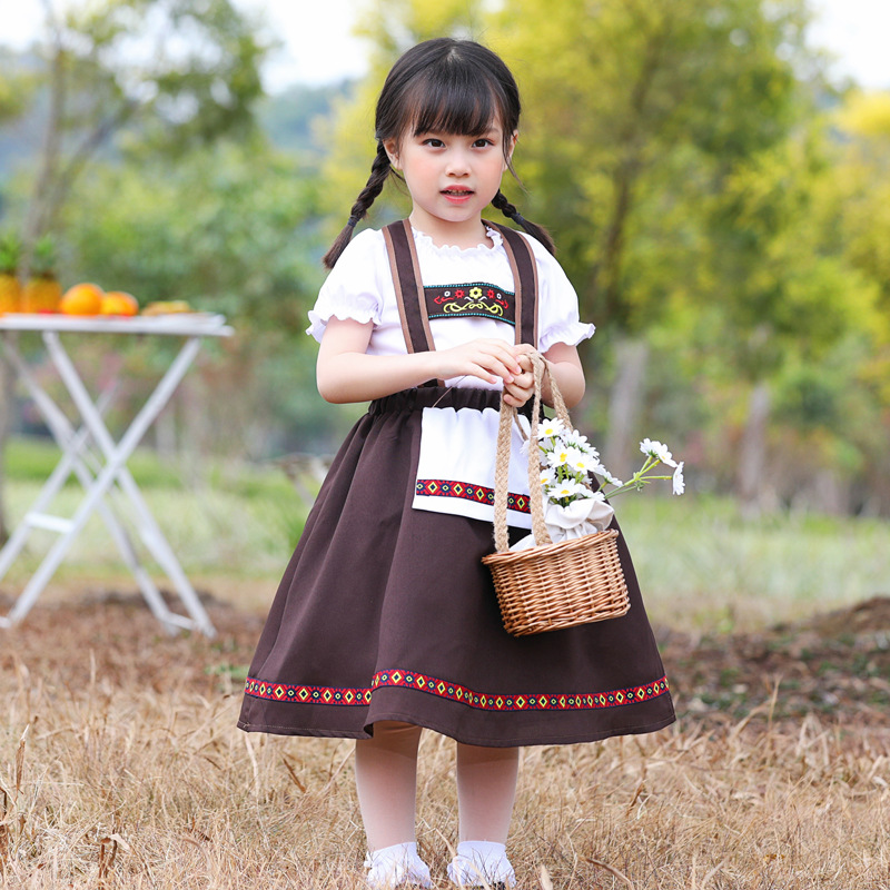 Baghlian traditional national costume children's cosplay beer-themed patterned embroidered coffee-colored suspender long dress