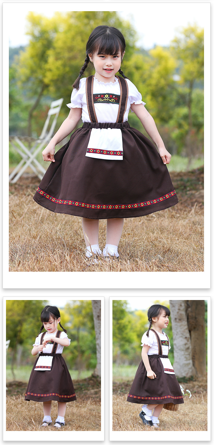 Baghlian traditional national costume children's cosplay beer-themed patterned embroidered coffee-colored suspender long dress