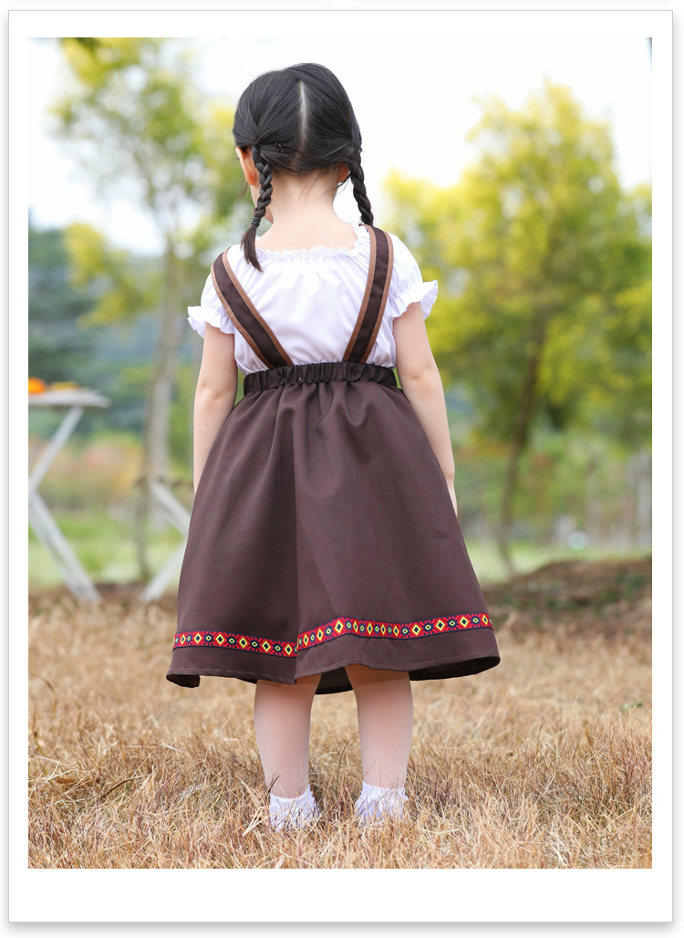 Baghlian traditional national costume children's cosplay beer-themed patterned embroidered coffee-colored suspender long dress