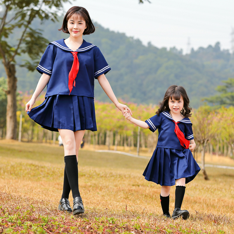 Parent-child everyday outfit, Japanese style student traditional sailor school uniform, dark blue two-piece stand-up collar uniform, pleated skirt