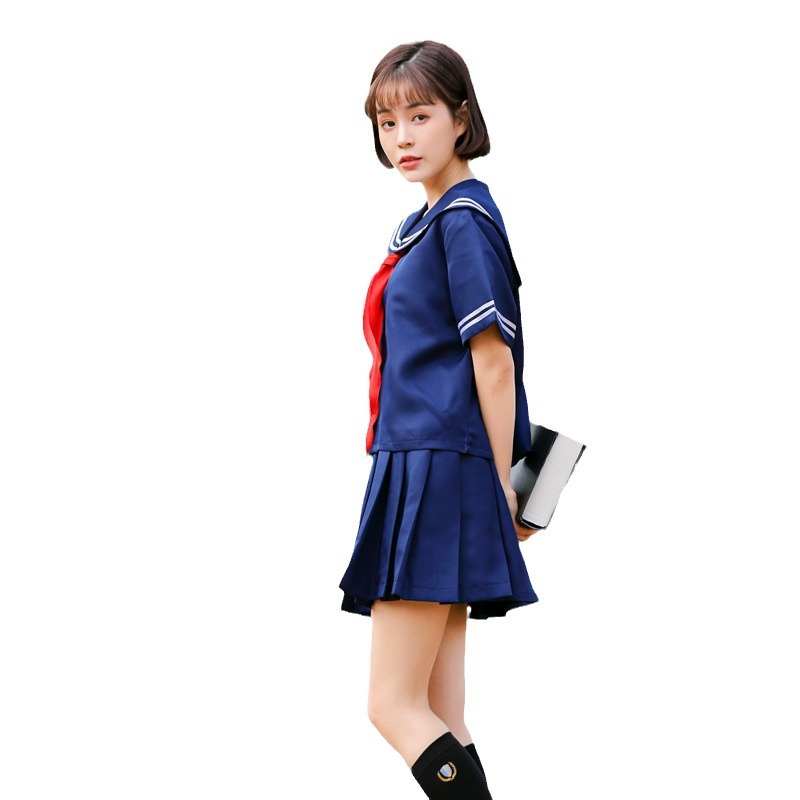 Parent-child everyday outfit, Japanese style student traditional sailor school uniform, dark blue two-piece stand-up collar uniform, pleated skirt