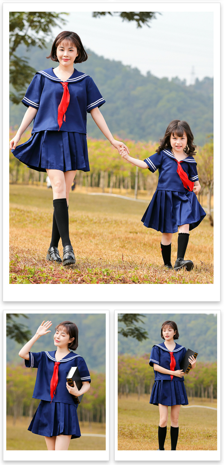 Parent-child everyday outfit, Japanese style student traditional sailor school uniform, dark blue two-piece stand-up collar uniform, pleated skirt