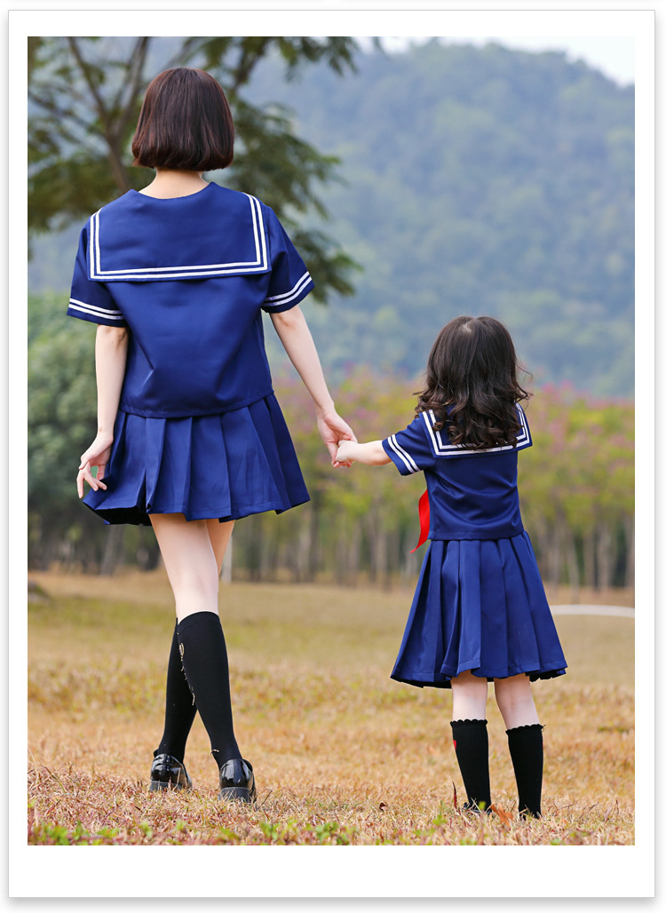 Parent-child everyday outfit, Japanese style student traditional sailor school uniform, dark blue two-piece stand-up collar uniform, pleated skirt