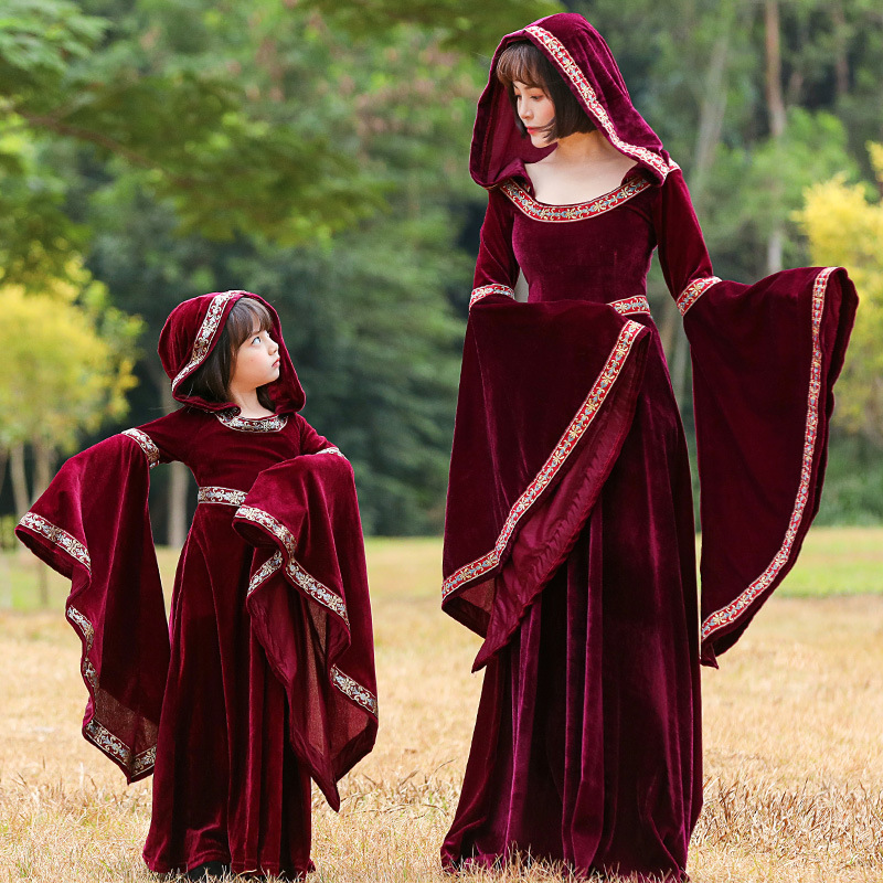 Parent-child style European medieval court dress, retro witch hooded long dress, Halloween stage performance costume