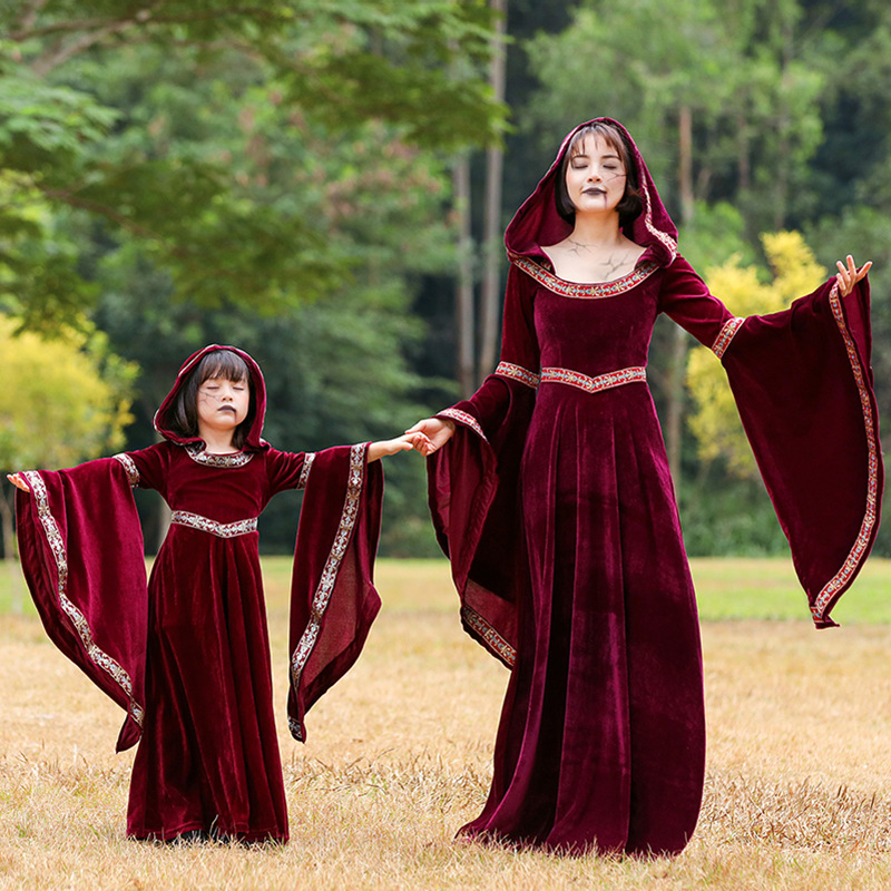 Parent-child style European medieval court dress, retro witch hooded long dress, Halloween stage performance costume
