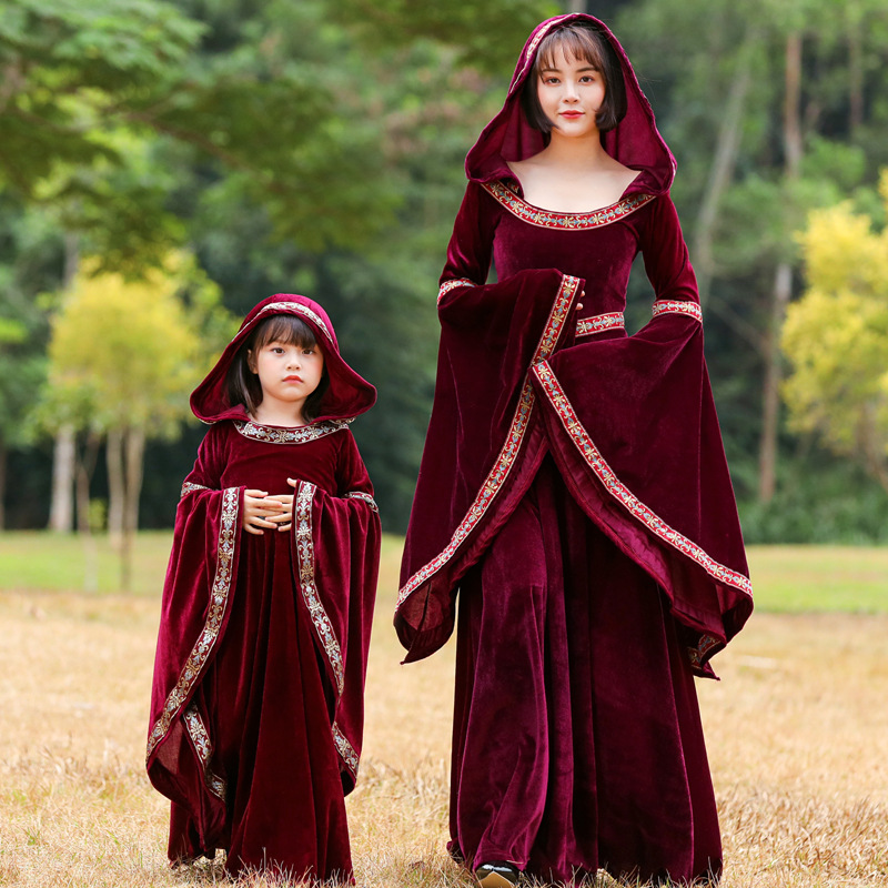 Parent-child style European medieval court dress, retro witch hooded long dress, Halloween stage performance costume