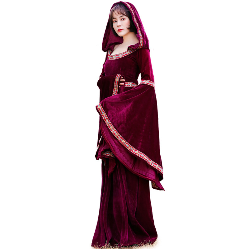 Parent-child style European medieval court dress, retro witch hooded long dress, Halloween stage performance costume
