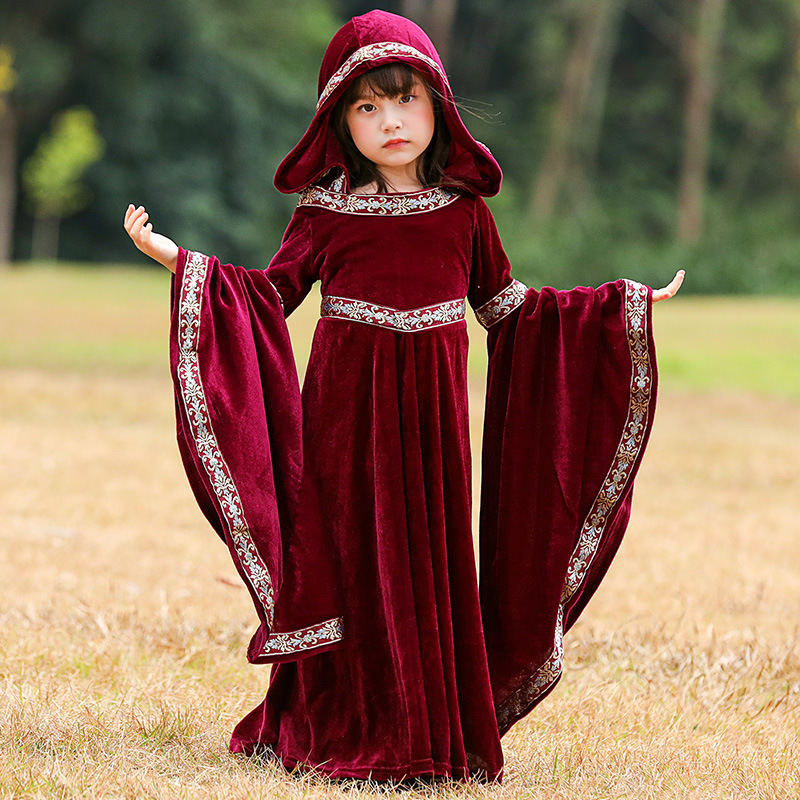 Parent-child style European medieval court dress, retro witch hooded long dress, Halloween stage performance costume