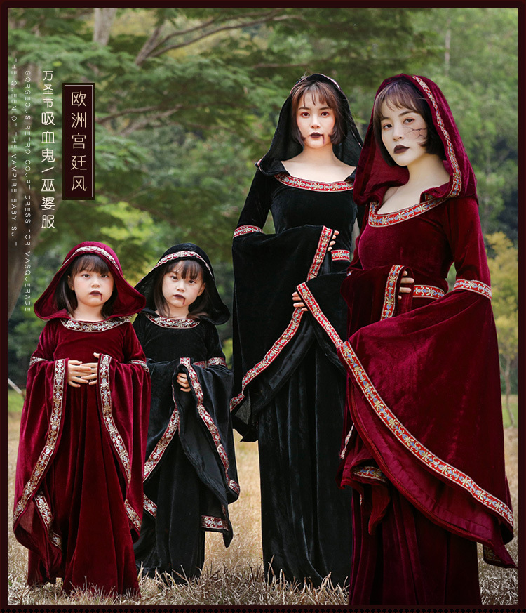 Parent-child style European medieval court dress, retro witch hooded long dress, Halloween stage performance costume