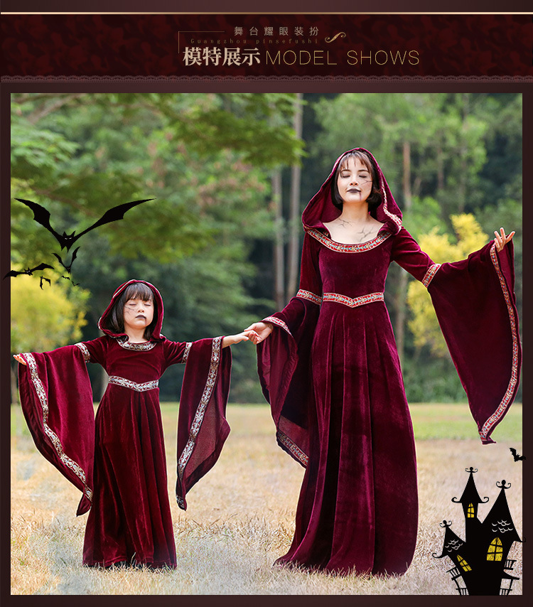 Parent-child style European medieval court dress, retro witch hooded long dress, Halloween stage performance costume