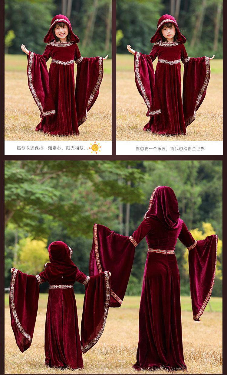 Parent-child style European medieval court dress, retro witch hooded long dress, Halloween stage performance costume