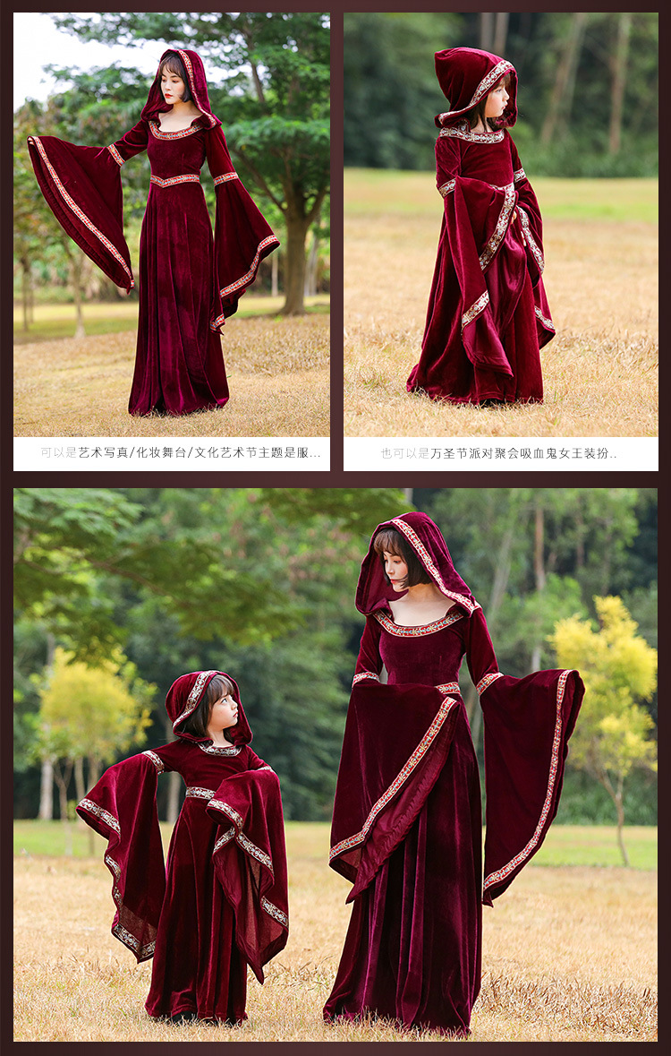 Parent-child style European medieval court dress, retro witch hooded long dress, Halloween stage performance costume