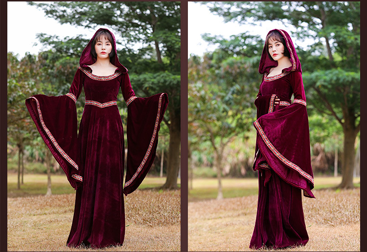 Parent-child style European medieval court dress, retro witch hooded long dress, Halloween stage performance costume