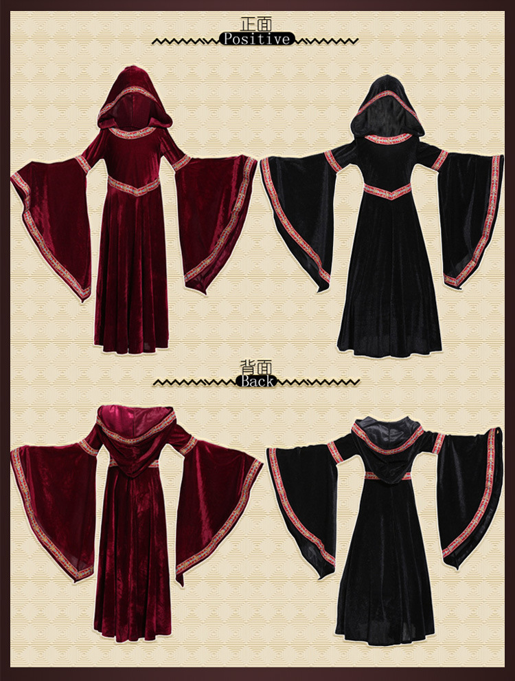 Parent-child style European medieval court dress, retro witch hooded long dress, Halloween stage performance costume
