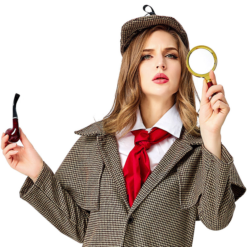 The Great Detective Family Series Costumes, Accessories, Stage Props, Curved Iron Pot Pipe, Handheld Wood Grain Gold Magnifying Glass