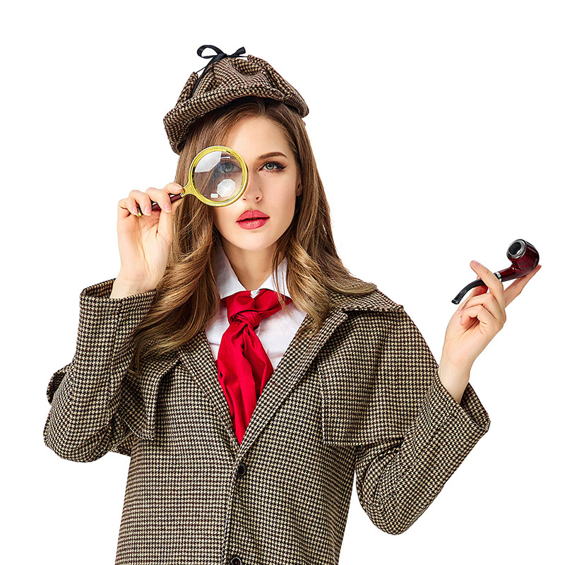 The Great Detective Family Series Costumes, Accessories, Stage Props, Curved Iron Pot Pipe, Handheld Wood Grain Gold Magnifying Glass
