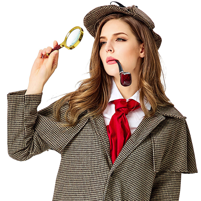 The Great Detective Family Series Costumes, Accessories, Stage Props, Curved Iron Pot Pipe, Handheld Wood Grain Gold Magnifying Glass