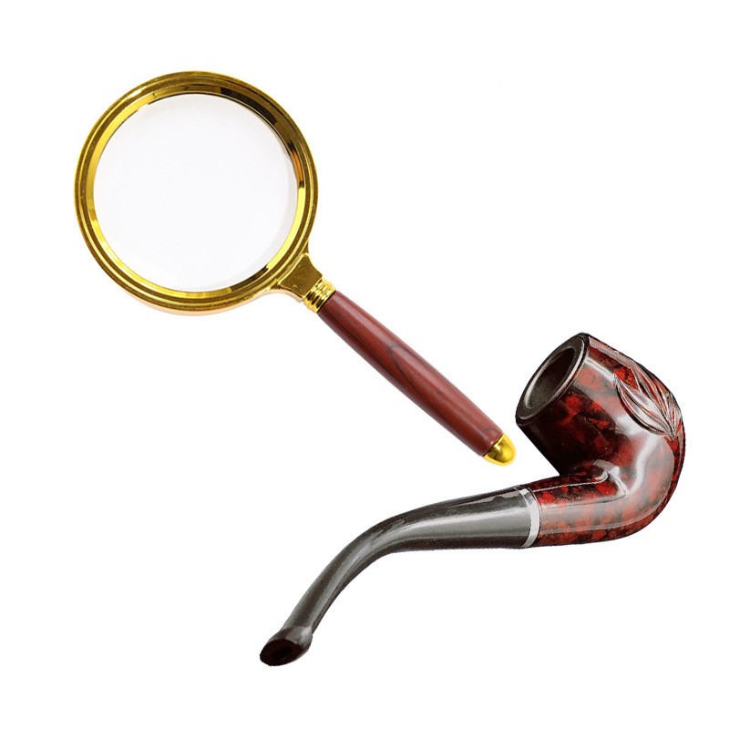 The Great Detective Family Series Costumes, Accessories, Stage Props, Curved Iron Pot Pipe, Handheld Wood Grain Gold Magnifying Glass
