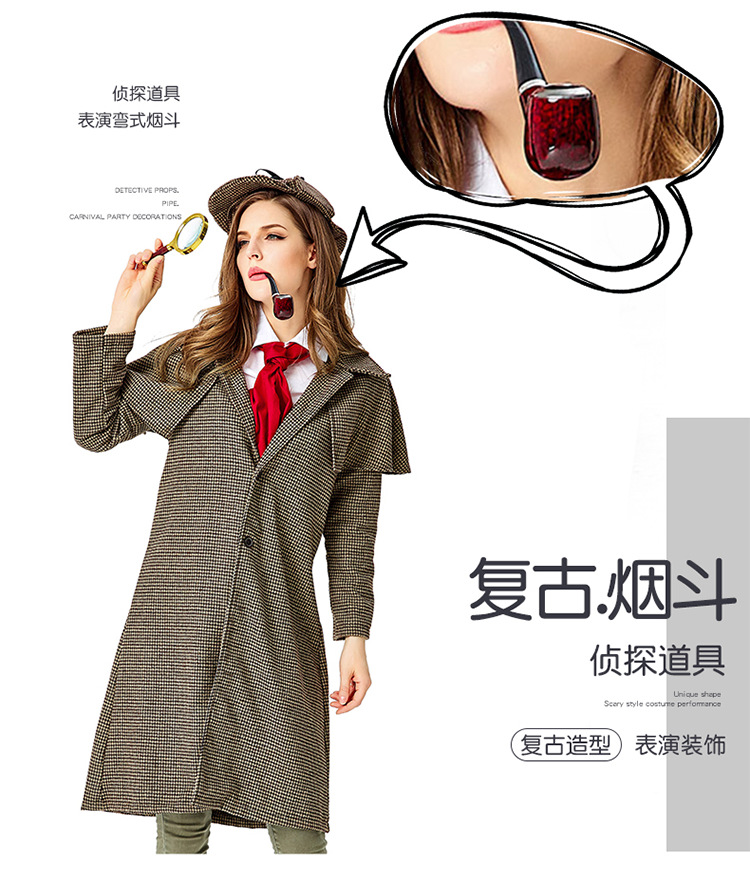 The Great Detective Family Series Costumes, Accessories, Stage Props, Curved Iron Pot Pipe, Handheld Wood Grain Gold Magnifying Glass