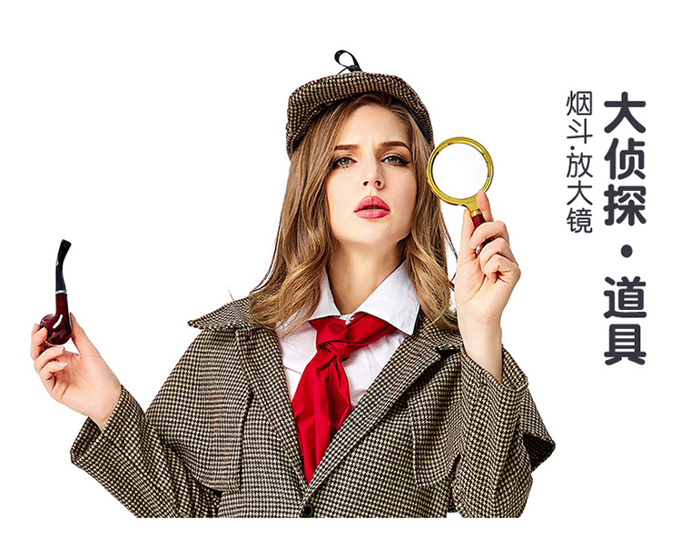 The Great Detective Family Series Costumes, Accessories, Stage Props, Curved Iron Pot Pipe, Handheld Wood Grain Gold Magnifying Glass