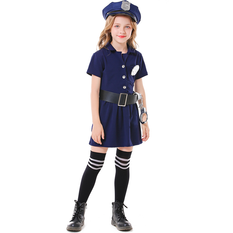 Children's Halloween cosplay parent-child career experience costume blue button policewoman dress