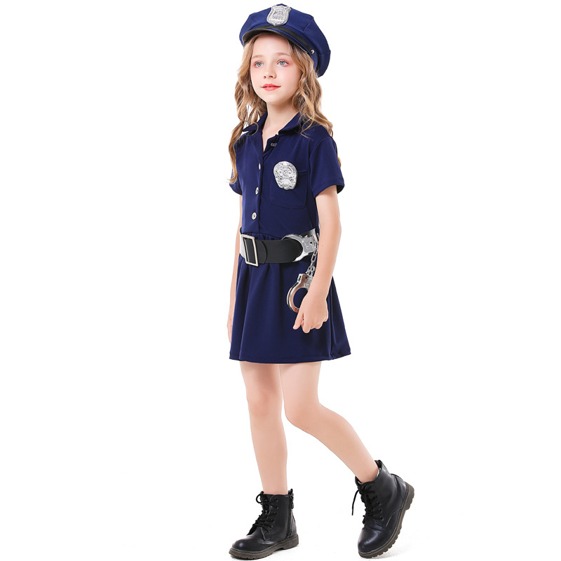 Children's Halloween cosplay parent-child career experience costume blue button policewoman dress