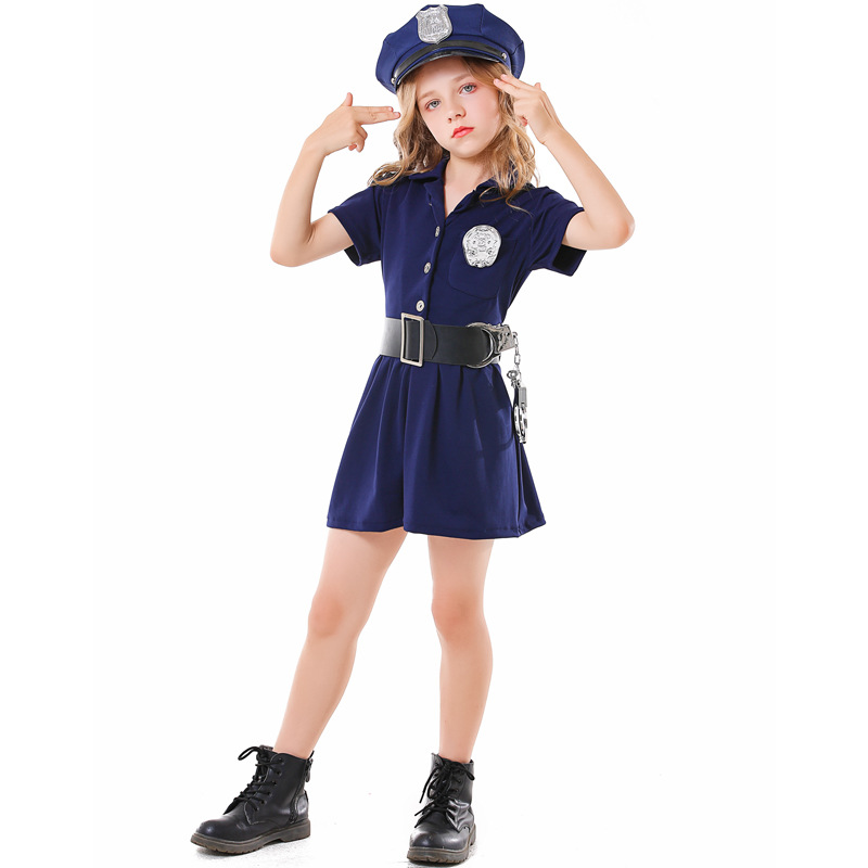 Children's Halloween cosplay parent-child career experience costume blue button policewoman dress