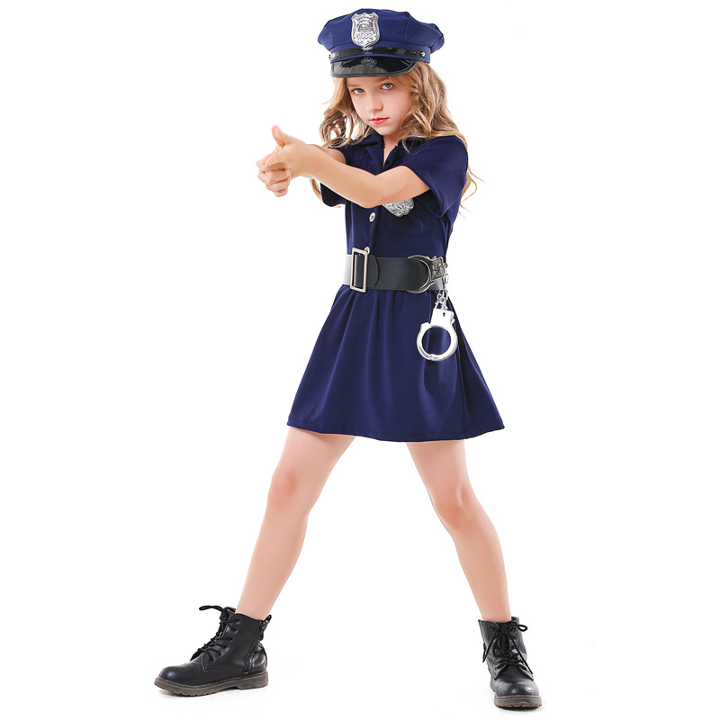 Children's Halloween cosplay parent-child career experience costume blue button policewoman dress