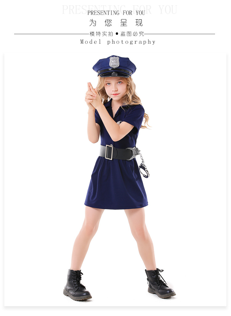 Children's Halloween cosplay parent-child career experience costume blue button policewoman dress