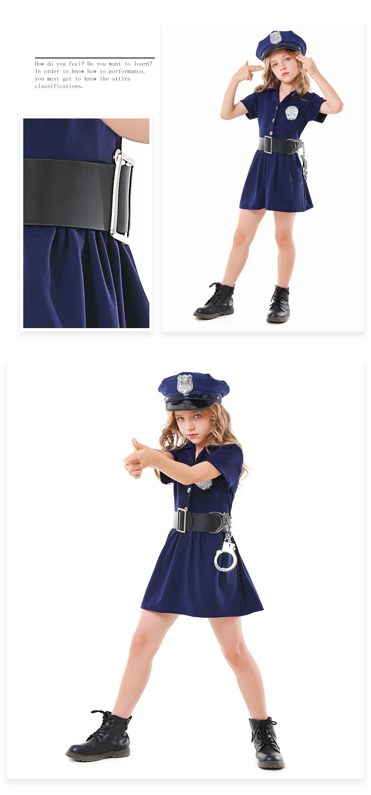 Children's Halloween cosplay parent-child career experience costume blue button policewoman dress