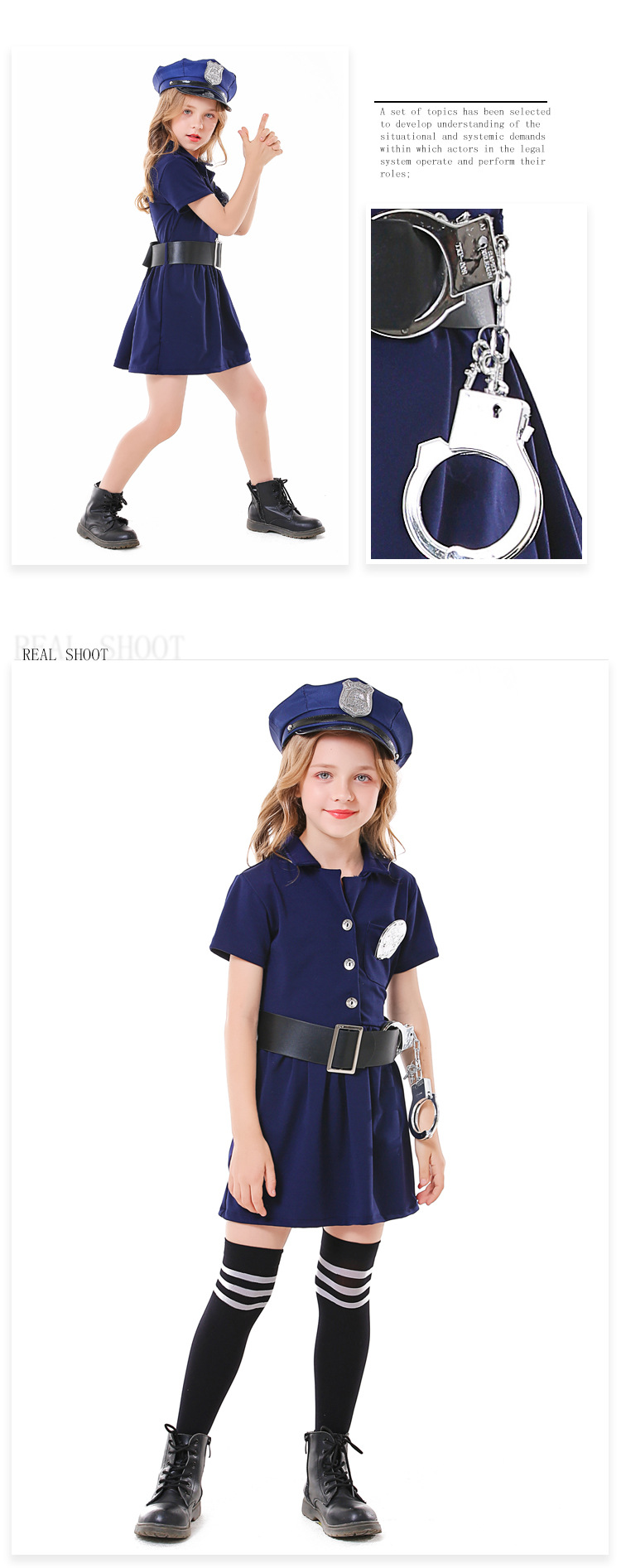 Children's Halloween cosplay parent-child career experience costume blue button policewoman dress