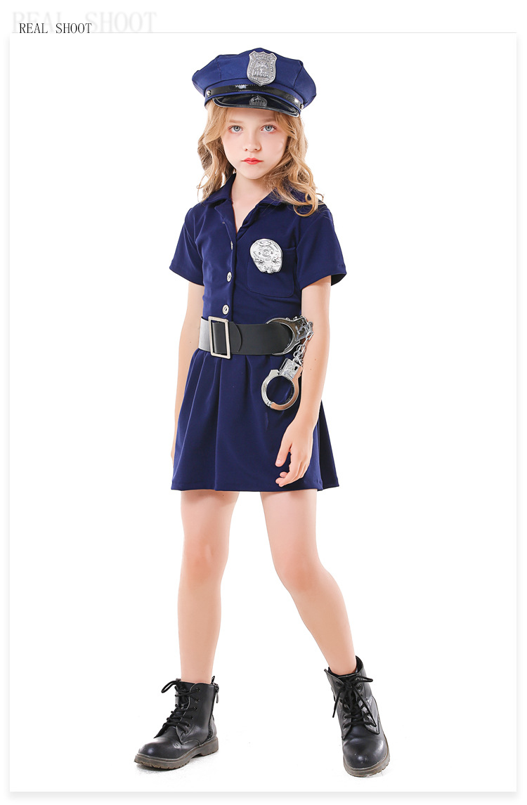 Children's Halloween cosplay parent-child career experience costume blue button policewoman dress