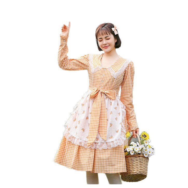 Orange and yellow plaid parent-child pastoral dresses, outdoor farm photo shoot, mother and daughter Lolita style clothing, clearance sale.
