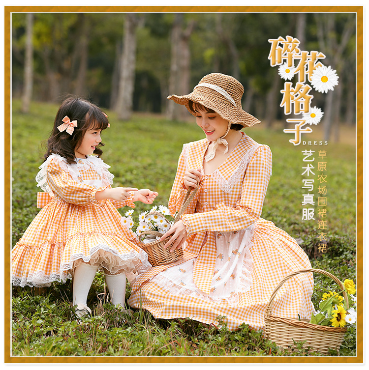 Orange and yellow plaid parent-child pastoral dresses, outdoor farm photo shoot, mother and daughter Lolita style clothing, clearance sale.
