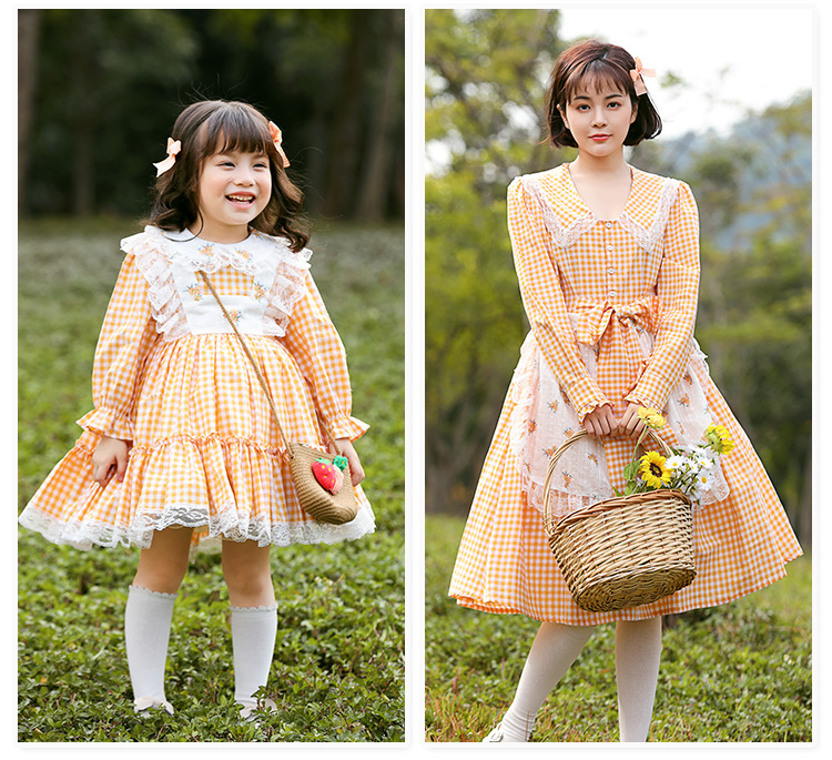 Orange and yellow plaid parent-child pastoral dresses, outdoor farm photo shoot, mother and daughter Lolita style clothing, clearance sale.
