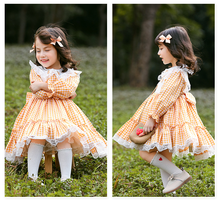 Orange and yellow plaid parent-child pastoral dresses, outdoor farm photo shoot, mother and daughter Lolita style clothing, clearance sale.