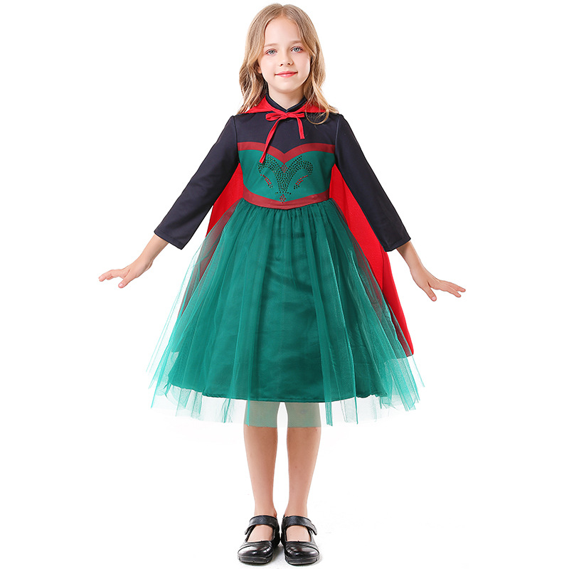 Anna, the Fairy Tale Queen cosplay costume, Halloween witch role performance costume, dark green tulle skirt.
