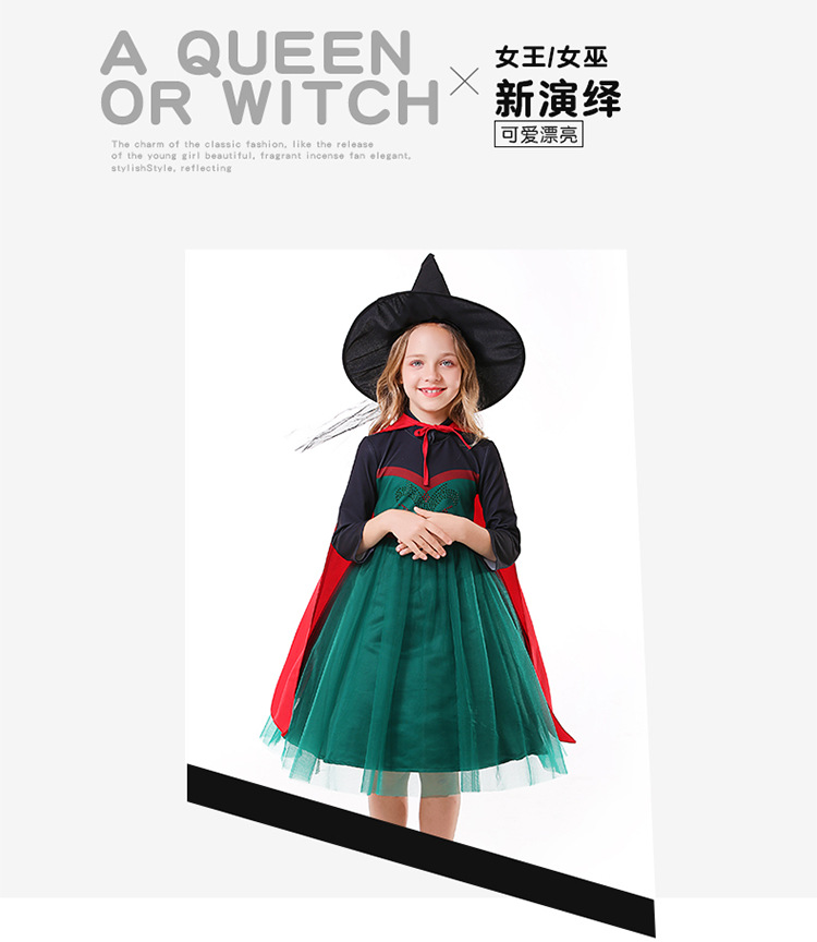 Anna, the Fairy Tale Queen cosplay costume, Halloween witch role performance costume, dark green tulle skirt.