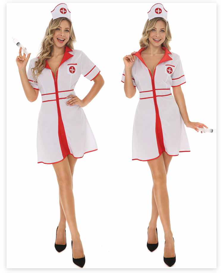 Halloween cosplay costume, red and white nurse outfit, white deep V-neck zipper dress