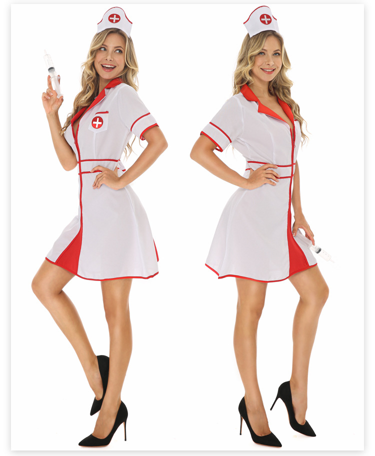 Halloween cosplay costume, red and white nurse outfit, white deep V-neck zipper dress