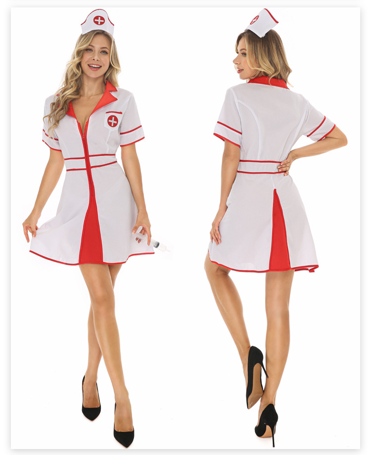 Halloween cosplay costume, red and white nurse outfit, white deep V-neck zipper dress