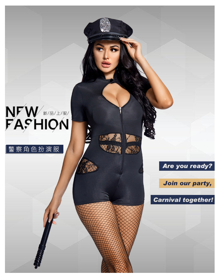 Sexy female police officer party costume Halloween police jumpsuit with fishnet stockings