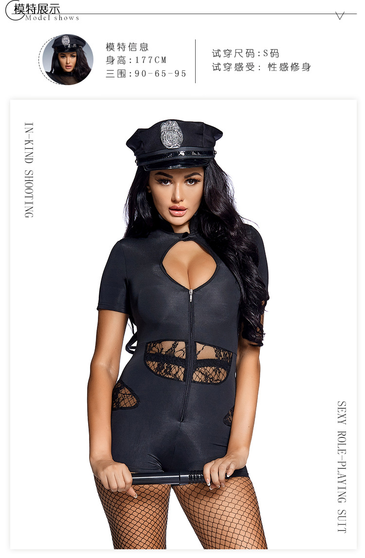 Sexy female police officer party costume Halloween police jumpsuit with fishnet stockings