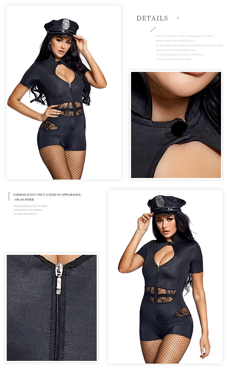 Sexy female police officer party costume Halloween police jumpsuit with fishnet stockings