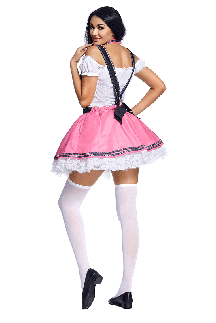 German Oktoberfest Halloween Special: Pink Beer Suit with Embroidered Lace Suspender Skirt and Petticoat (in various sizes)