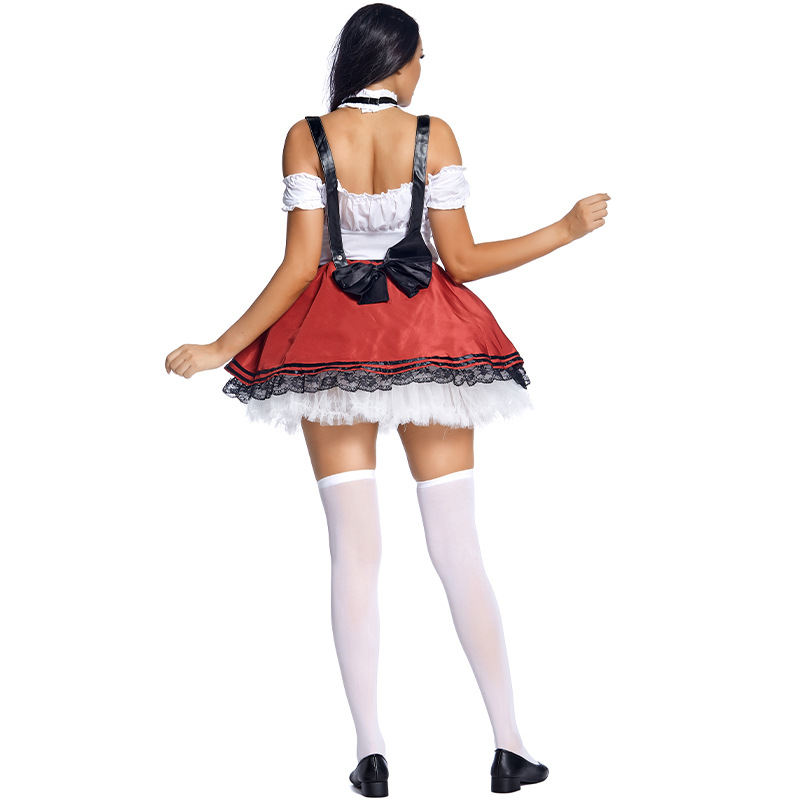 Halloween costume: Maroon split-body beer girl promotional costume for Oktoberfest in Munich, Germany