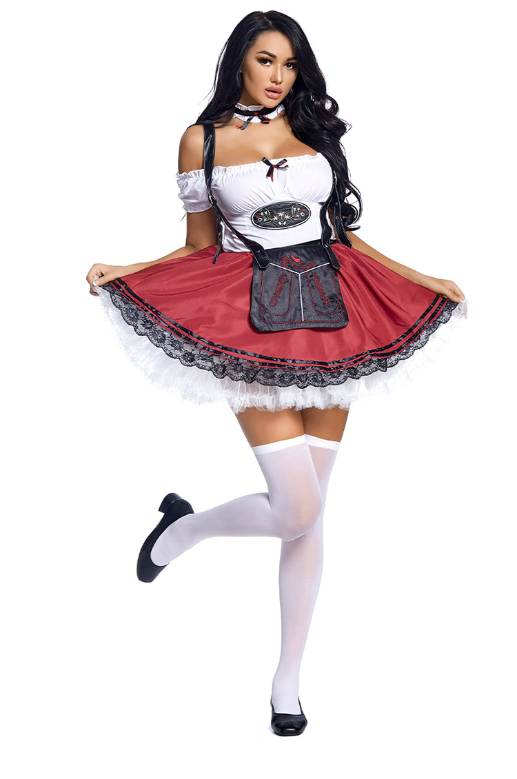 Halloween costume: Maroon split-body beer girl promotional costume for Oktoberfest in Munich, Germany