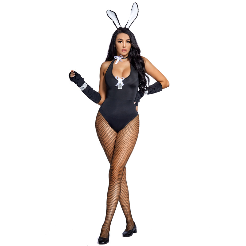 A cosplay bunny girl bodysuit with a low-cut neckline, deep V-neck, fishnet stockings, and laces.