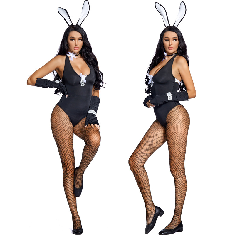 A cosplay bunny girl bodysuit with a low-cut neckline, deep V-neck, fishnet stockings, and laces.